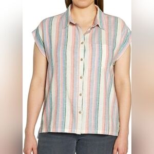 Orvis Women's Short Sleeve Linen Blend Button-Up Shirt, Multi Stripe/Pink, M
